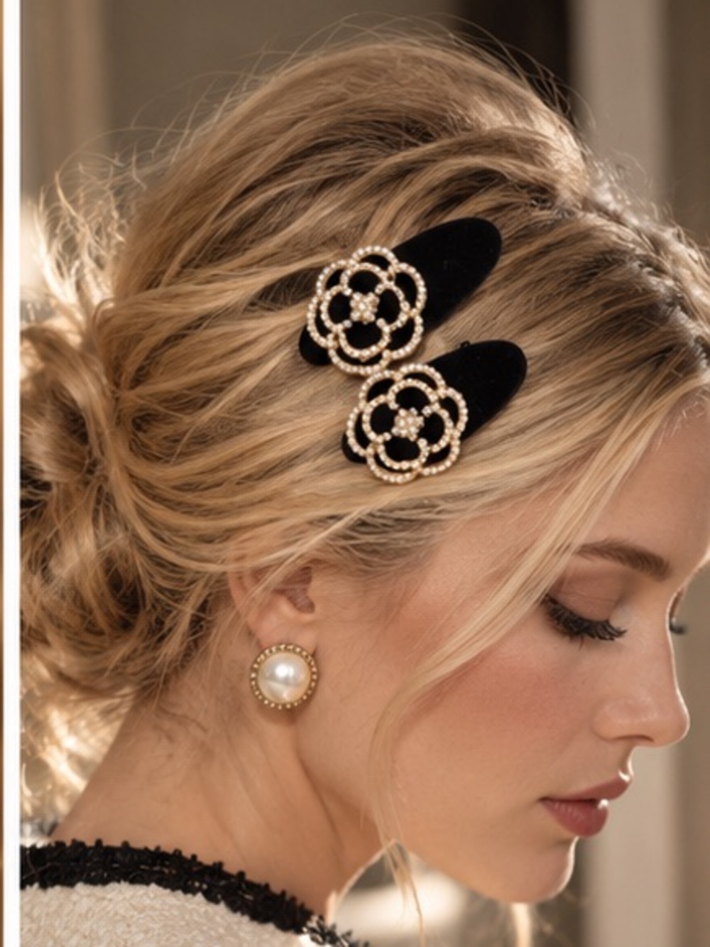 REVOLVE Black & Gold Pearl Floral Hair Clip Duo
